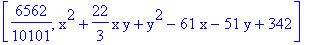 [6562/10101, x^2+22/3*x*y+y^2-61*x-51*y+342]
